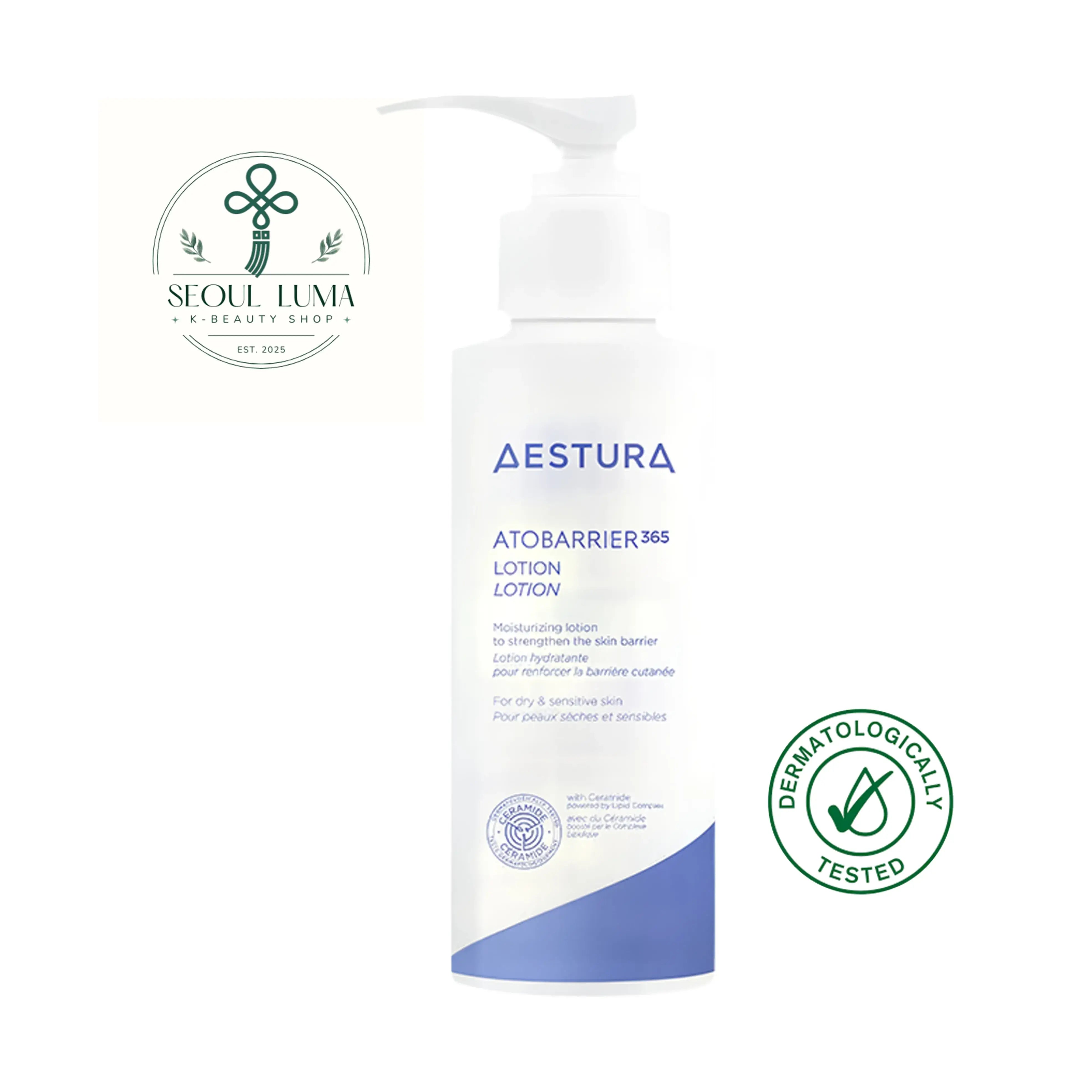 Aestura ATOBARRIER365 LOTION, a lightweight daily moisturizer with melted ceramide capsules for sensitive and dry skin barrier support